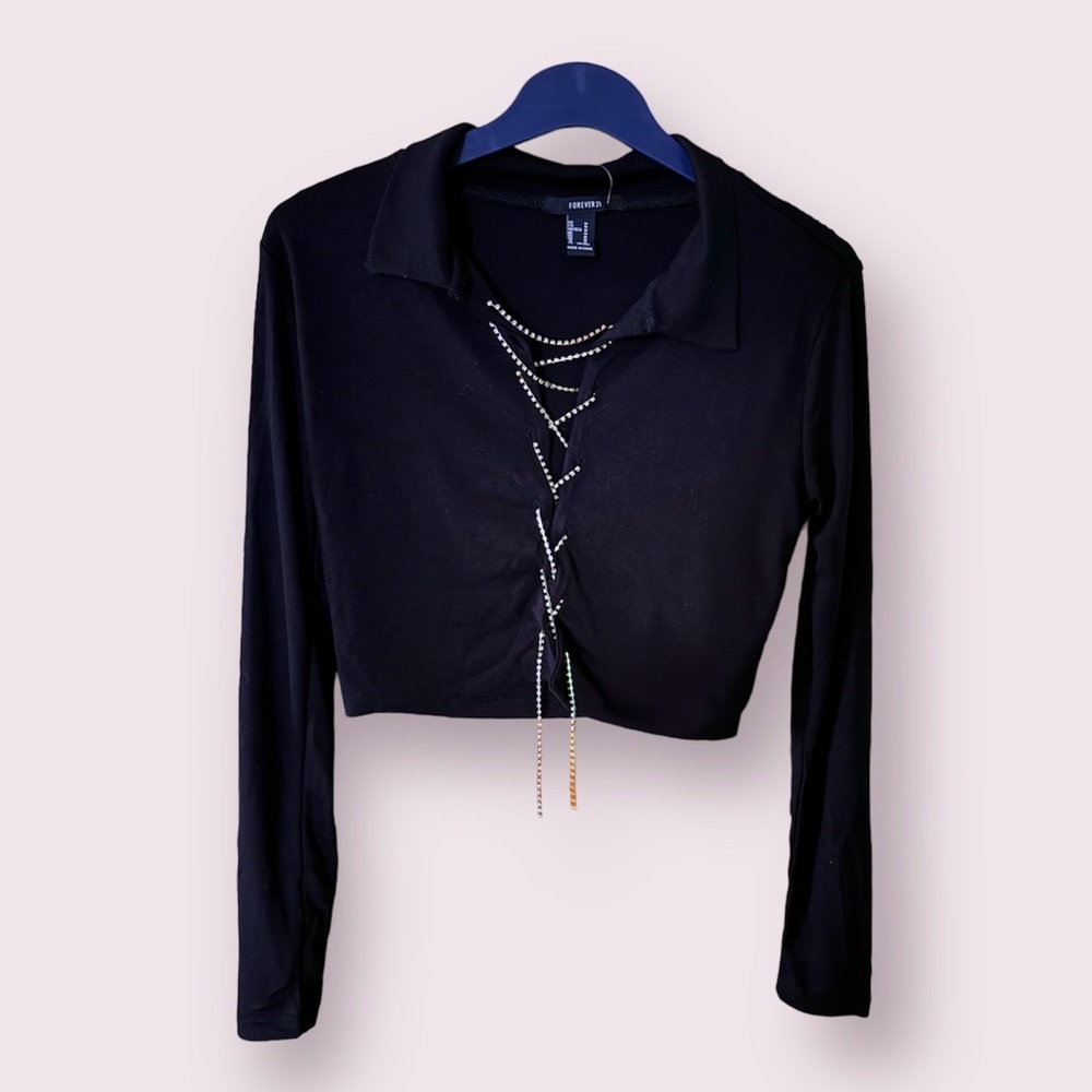Forever 21 Long Sleeve Black Top with Crystal Laces